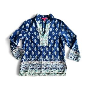 Lilly Pulitzer Asani silk & cotton blend blue pink elephant pattern Blouse Sz XS